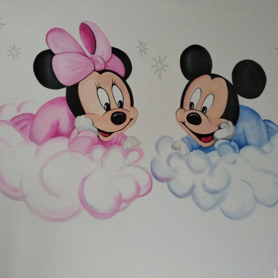 Muurschildering Mickey en Minnie in de wolken