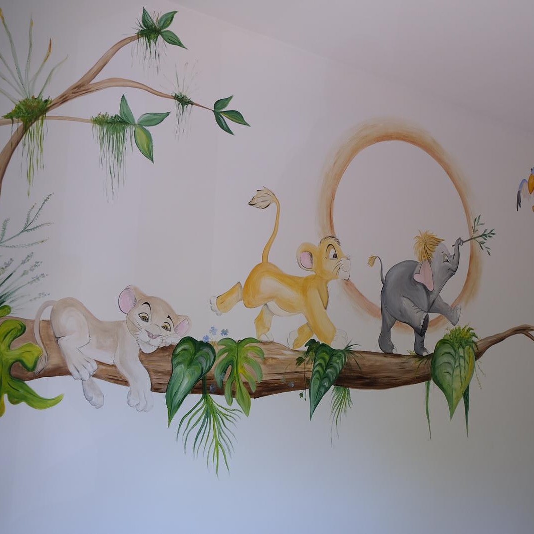 Muurschildering Jungelbook boom met vier dieren
