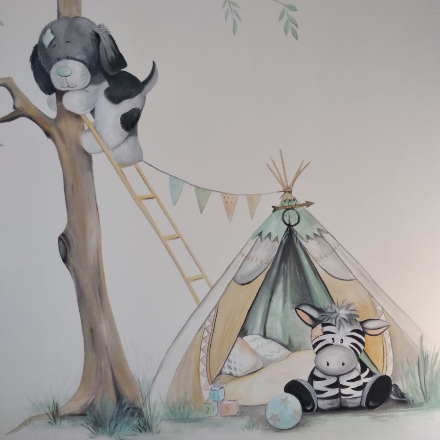 Muurschildering Zebra en hondje kamperen