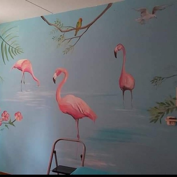 Muurschildering flamingos
