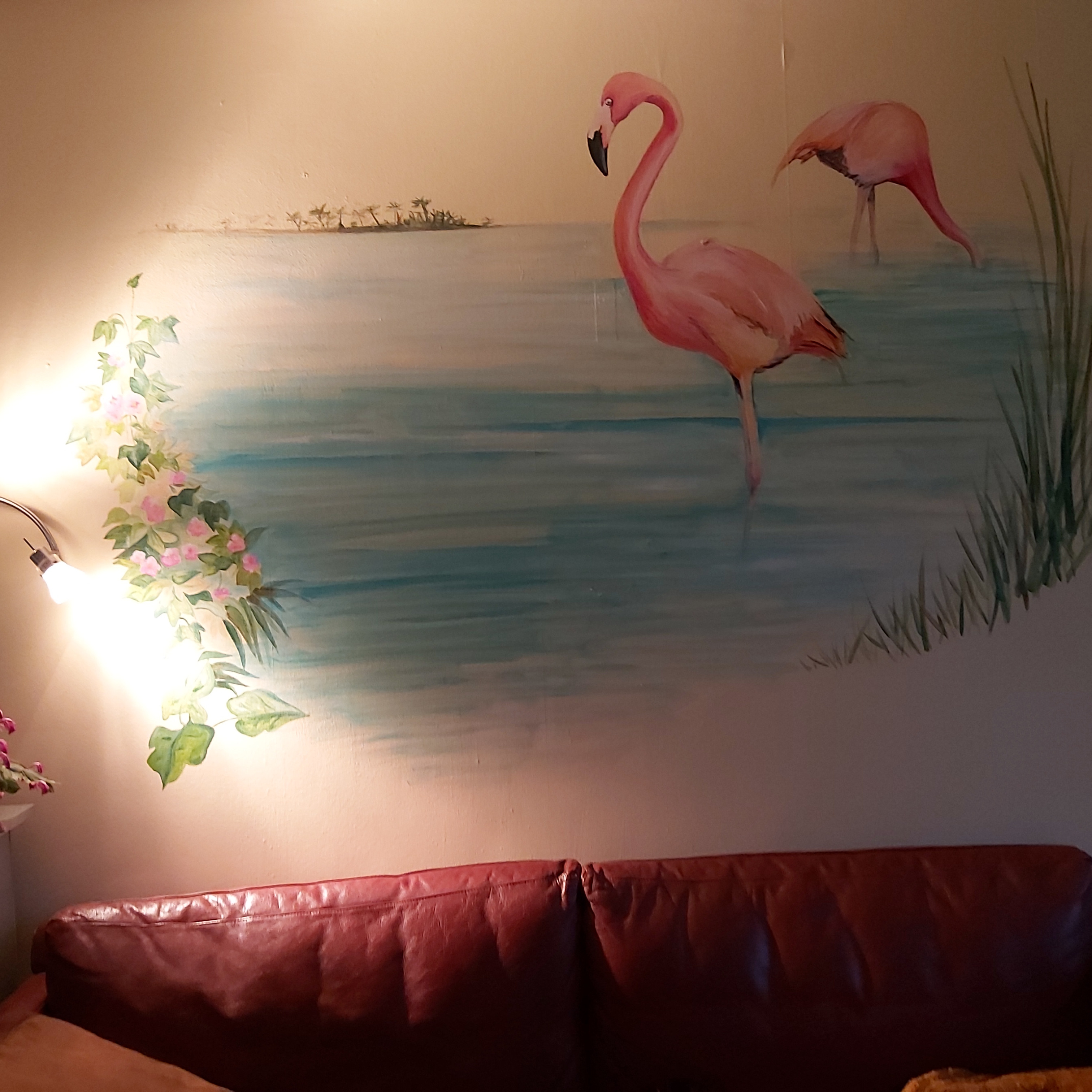 Muurschildering flamingos