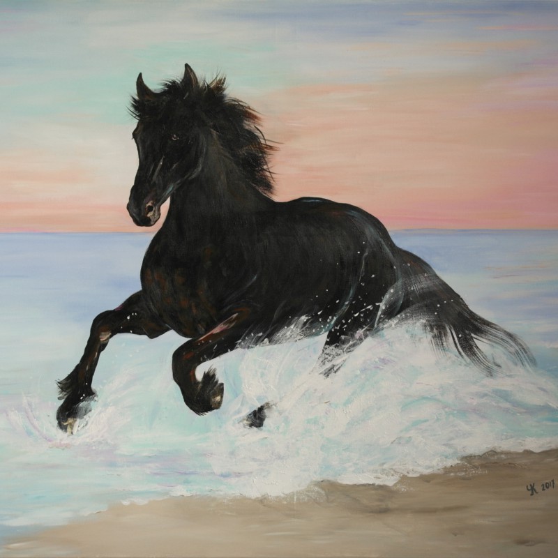 Schilderij paard op het strand