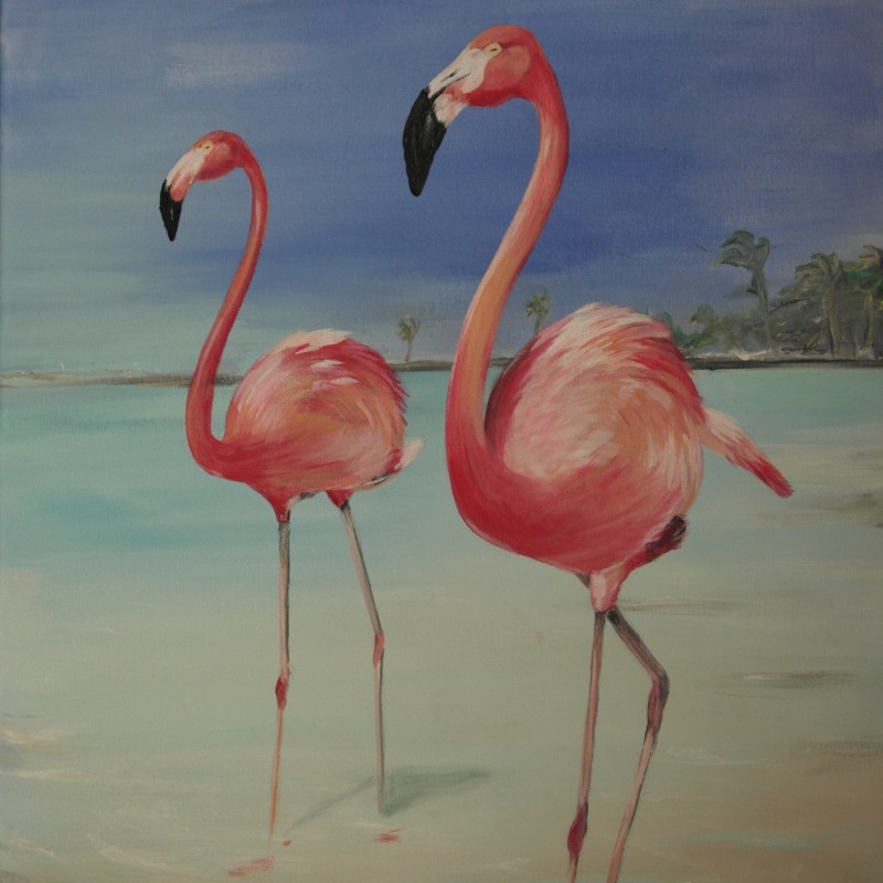 Schilderij flamingo's aan zee